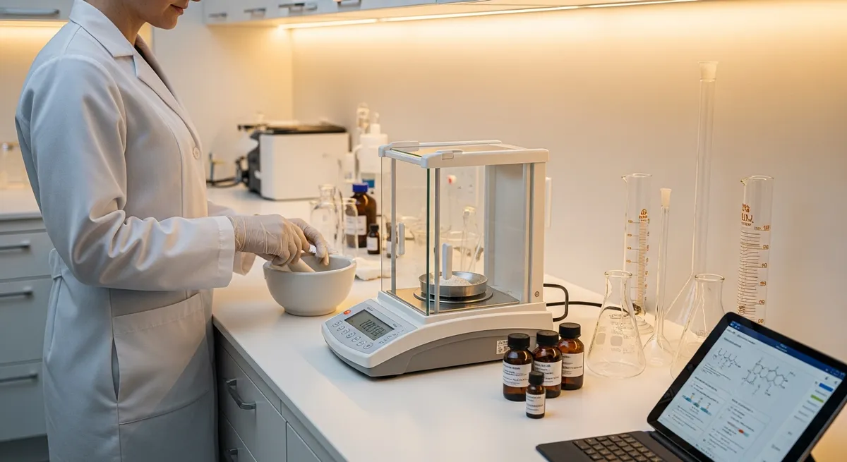 Apothekerin im Rezepturlabor mit Analysewaage und Laborgeräten