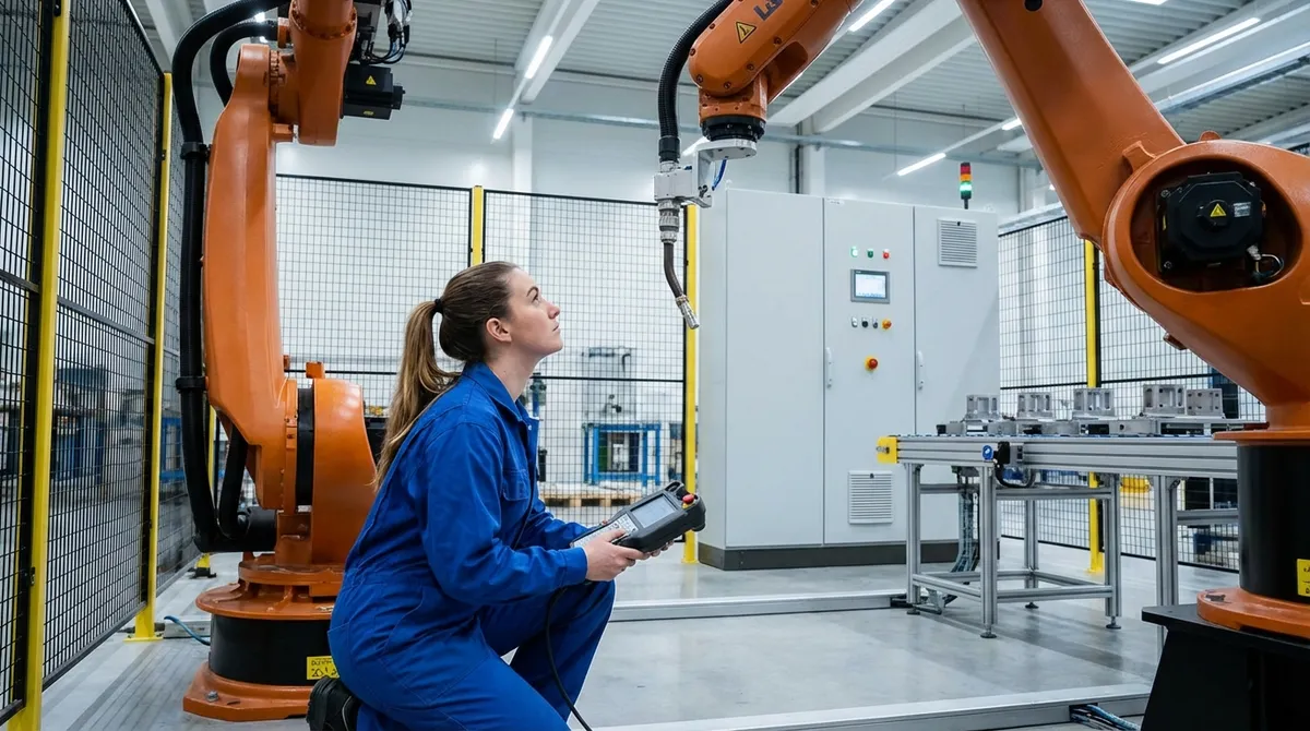 Automatisierungsingenieurin programmiert Roboterarm an Industriearbeitsplatz