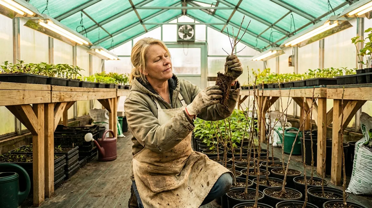 Baumschulbetreiber prüft junge Baumsetzlinge im Gewächshaus