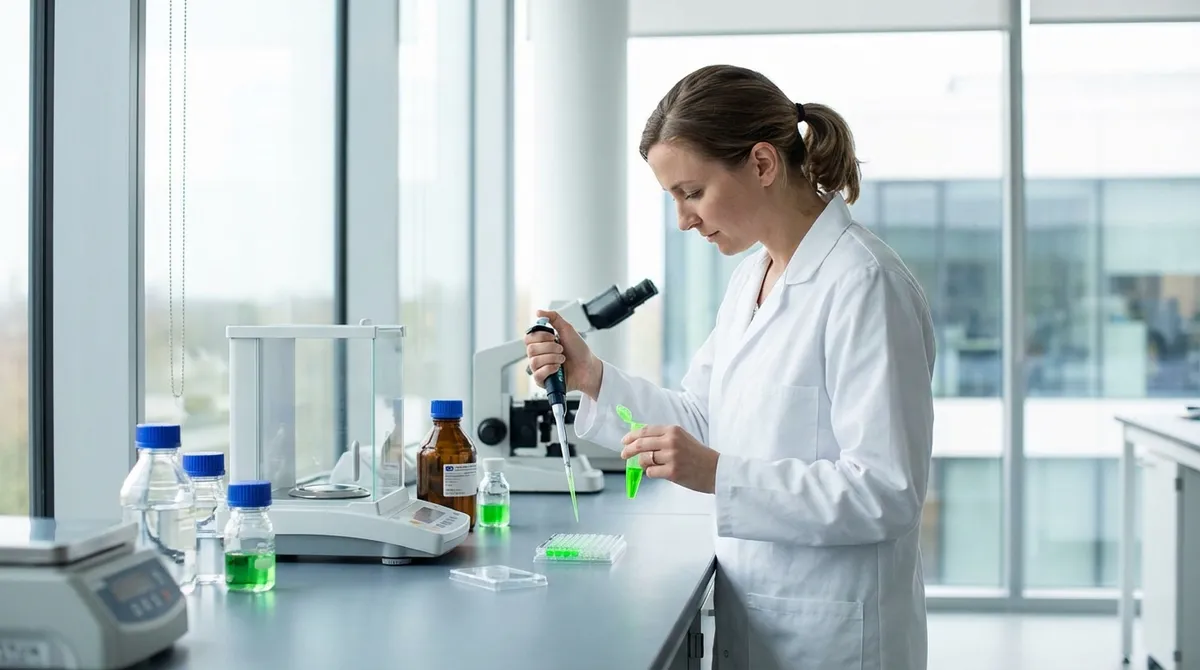 Wissenschaftlerin im Biotech-Labor mit Pipette und Mikroskop