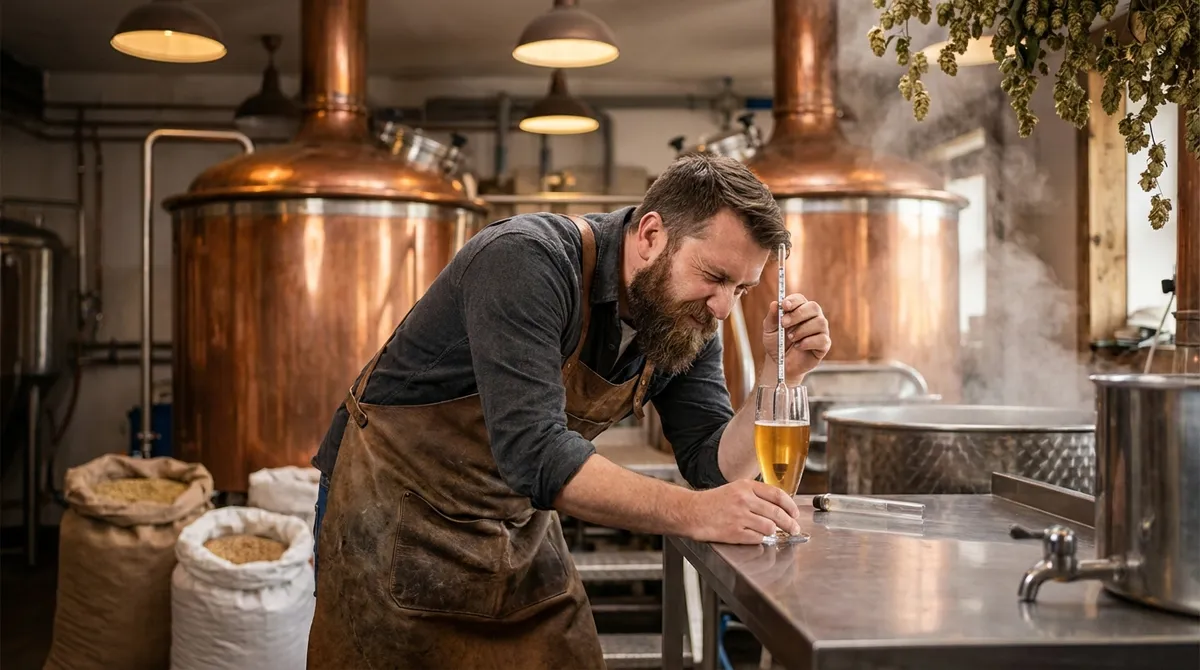 Craft-Brauer prüft Hydrometer neben Kupferkesseln in kleiner Brauerei