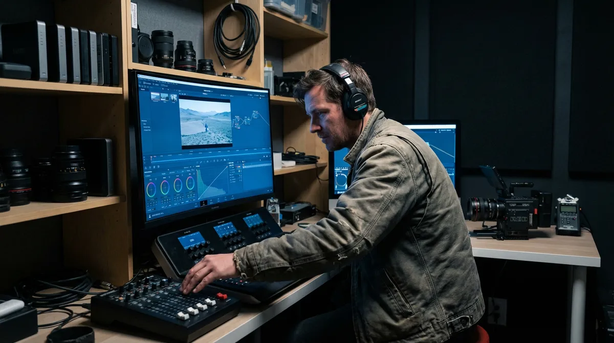 Dokumentarfilmer bearbeitet Footage am professionellen Grading-Monitor