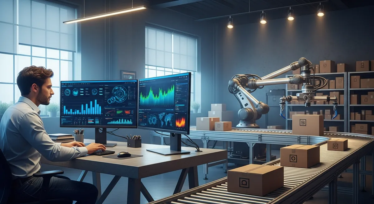 E-Commerce Fulfillment-Center mit Roboterarm und Analytics-Dashboards