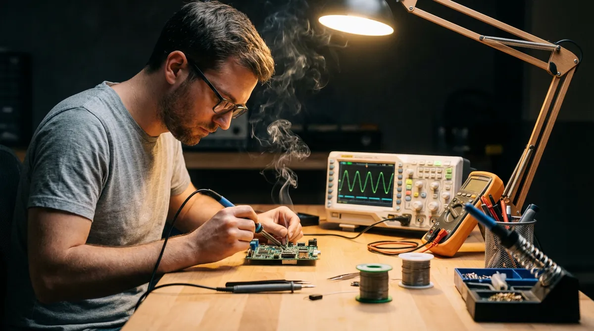 Elektronik-Entwickler lötet PCB-Prototyp an Werkbank mit Messgeräten