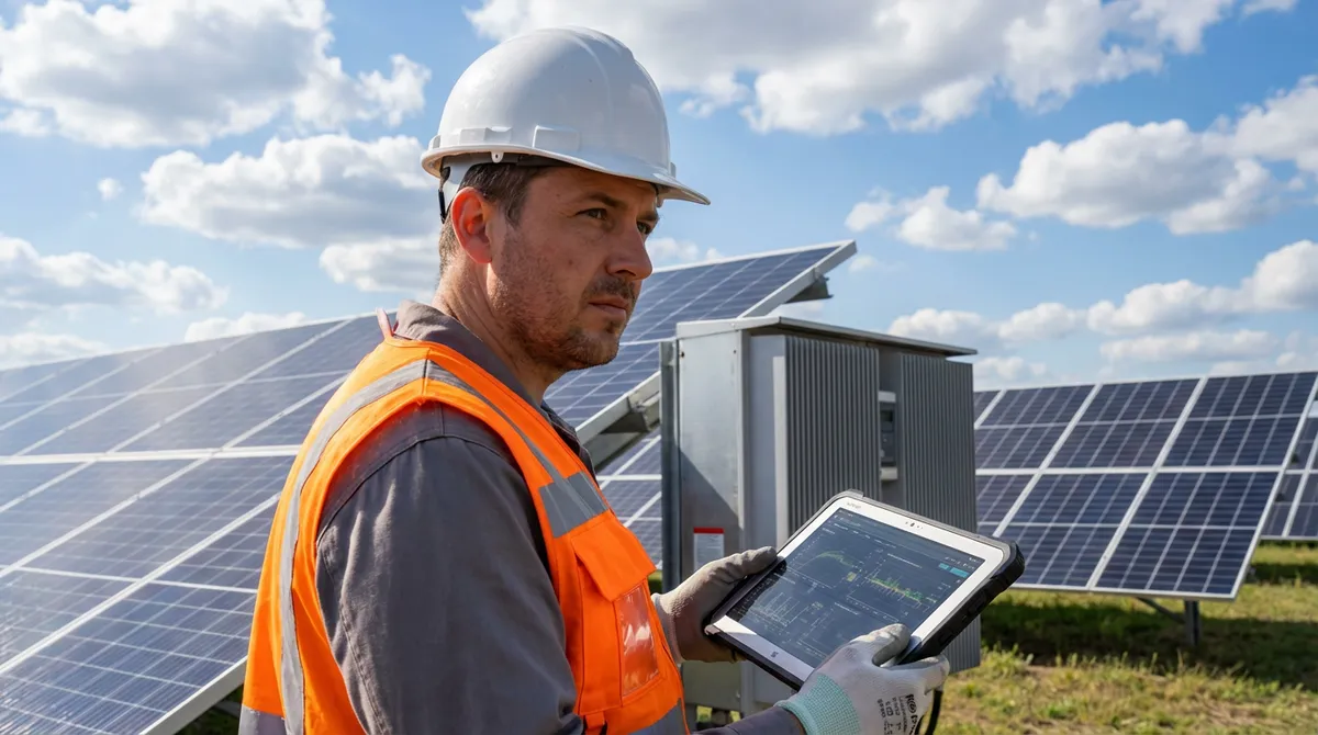 Energie-Ingenieur am Smart-Grid-Kontrollpult mit Monitoring-Screens