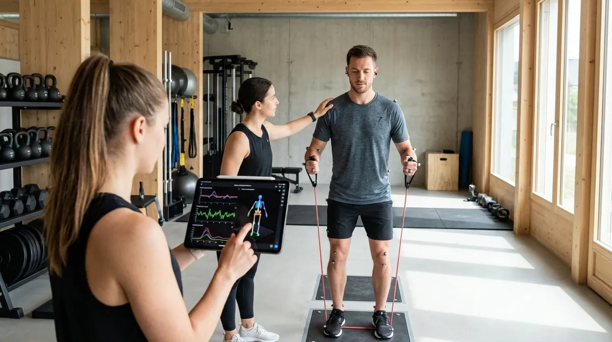 Personal Trainer analysiert Bewegungsdaten auf Tablet im Trainingsstudio