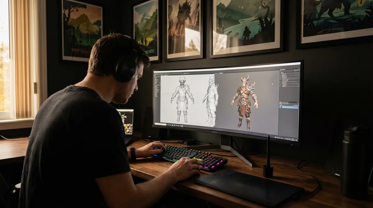 Game-Developer modelliert 3D-Charaktere am Ultrawide-Monitor im Home-Office