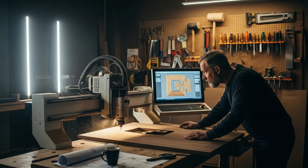 Handwerker arbeitet an CNC-Fräse mit digitalem Monitor in der Werkstatt