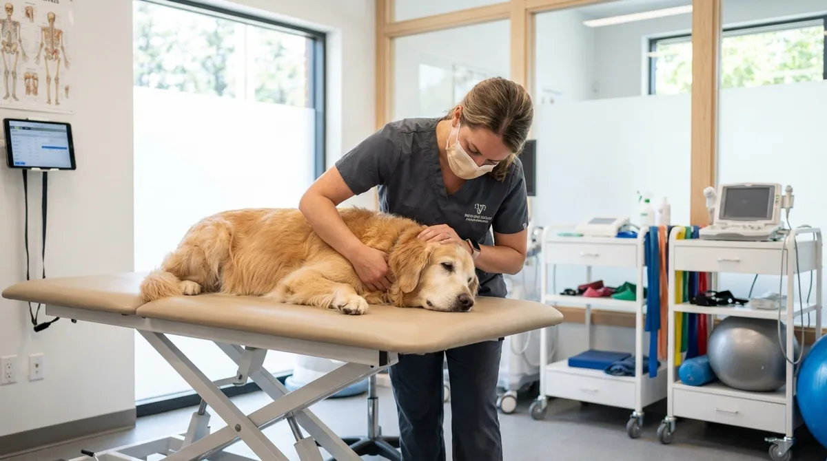 Tierphysiotherapeutin behandelt Golden Retriever auf Therapieliege