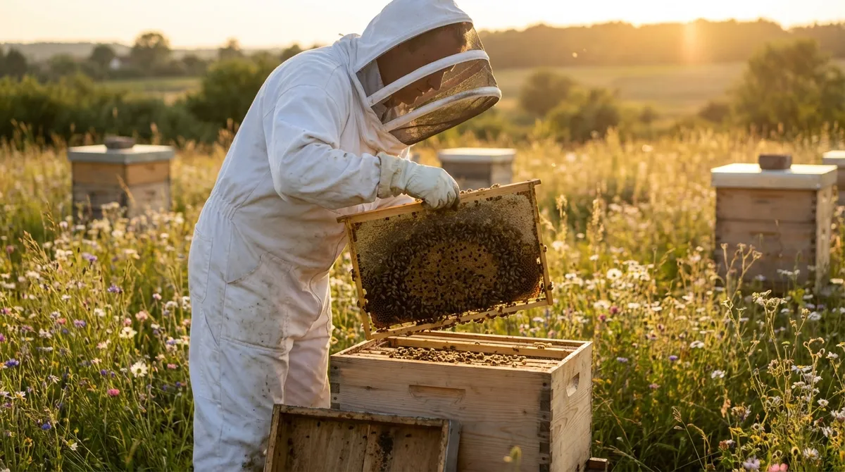 Imker inspiziert Honigwabe am Bienenstock in sonniger Wiese