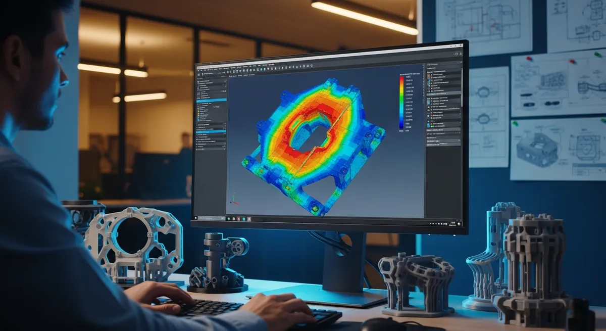 Ingenieur analysiert FEM-Simulation am Monitor im Büro