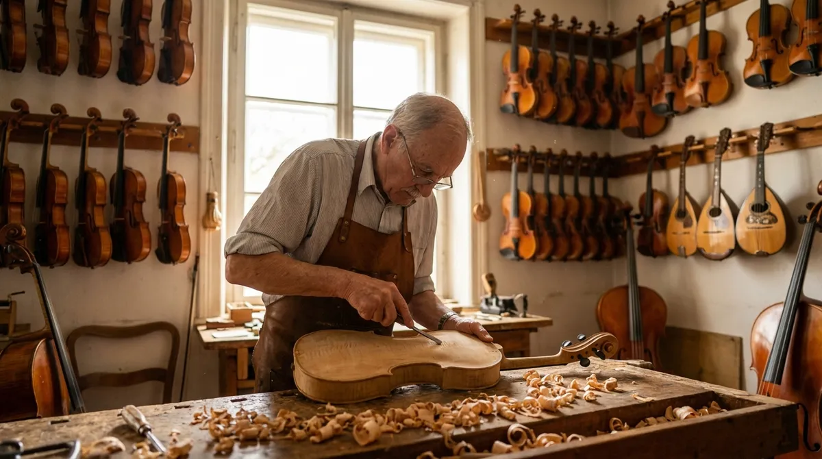 Geigenbauer formt Violinkorpus in traditioneller Holzwerkstatt