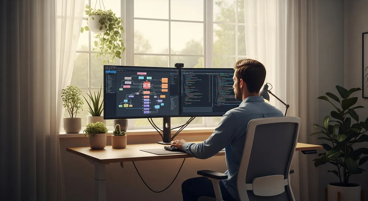 IT-Berater am Stehschreibtisch mit Code auf zwei Monitoren