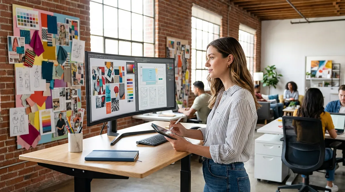 Kreative Marketing-Spezialistin arbeitet an Kampagne am Curved-Monitor