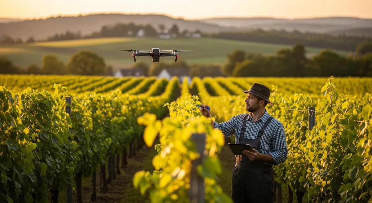 Landwirt steuert Drohne über Weinberg bei Sonnenuntergang