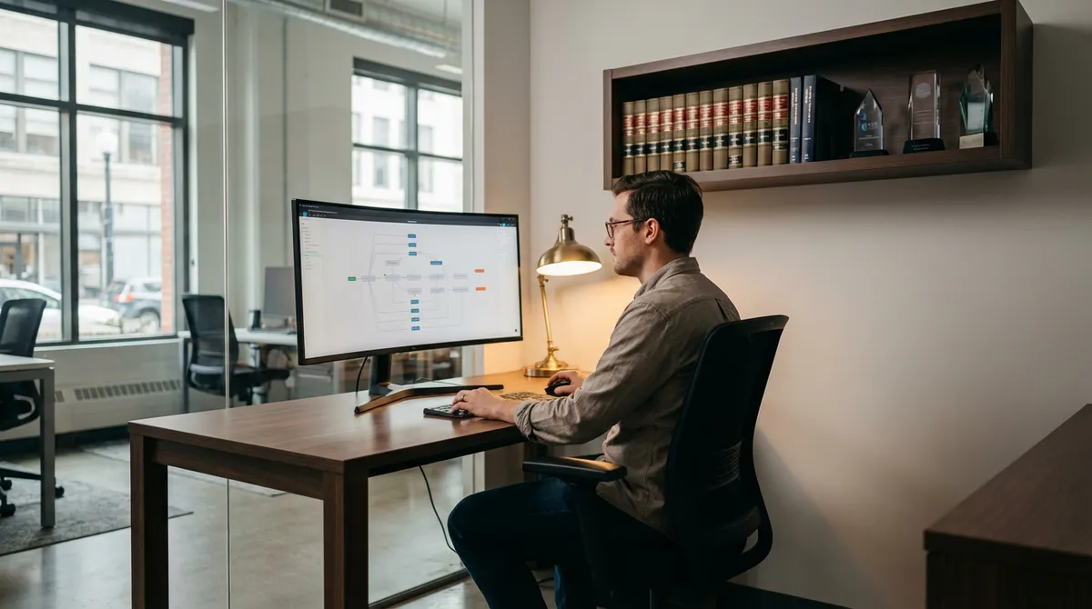 Legal-Tech-Entwickler arbeitet an Workflow-Diagramm am minimalistischen Schreibtisch