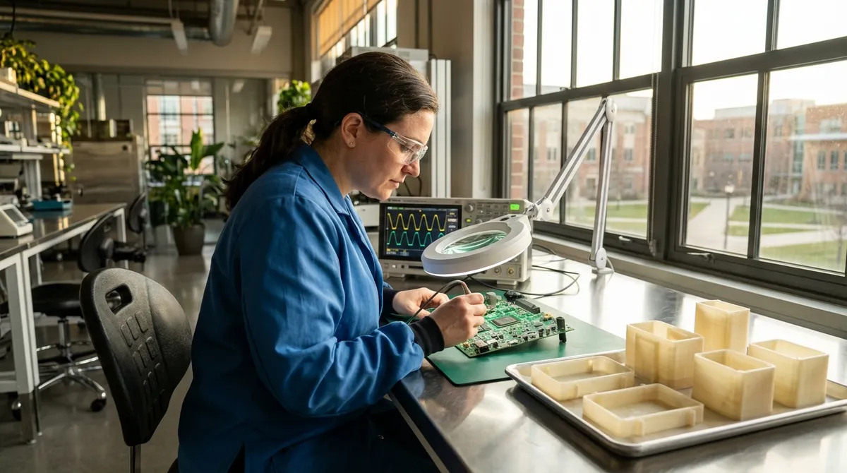 Ingenieurin arbeitet an Medizintechnik-Prototyp mit Oszilloskop