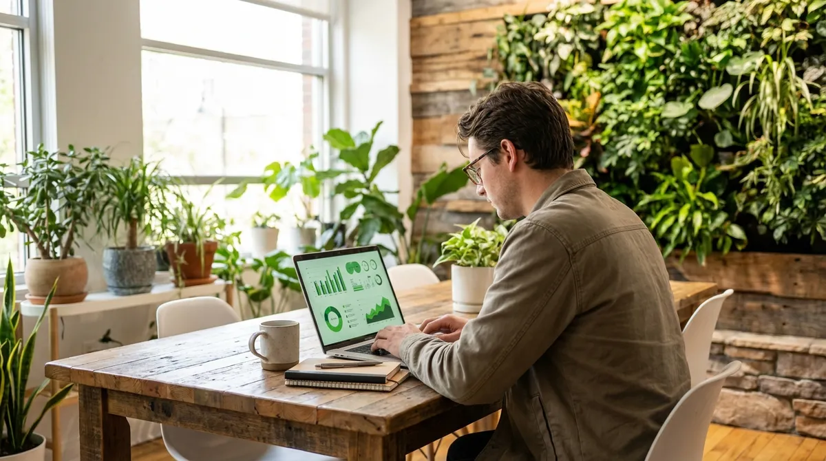 Nachhaltigkeitsberaterin analysiert Umweltdaten am Laptop im grünen Büro
