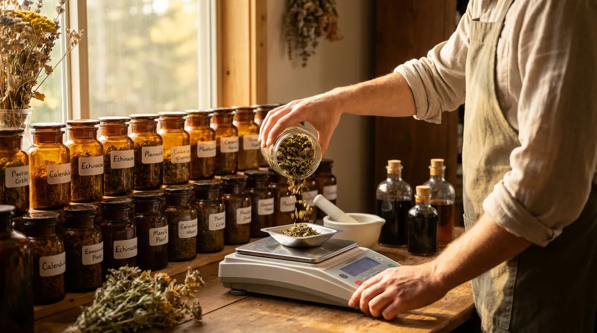 Naturheilkundlerin bereitet Kräutertinkturen an Laborwerkbank vor