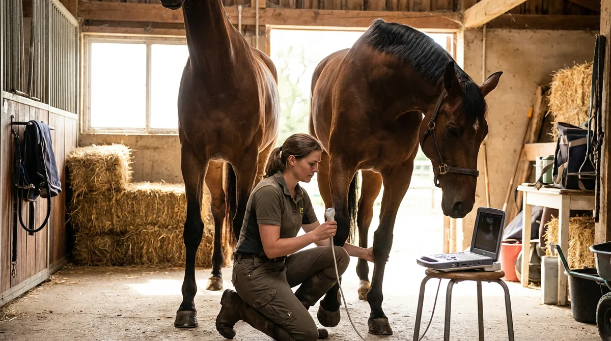 Pferdetierärztin untersucht Pferdebein mit portablem Ultraschall im Stall