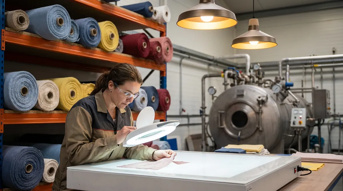 Textilingenieurin prüft Stoffproben unter Qualitätskontroll-Lupe in Werkstatt