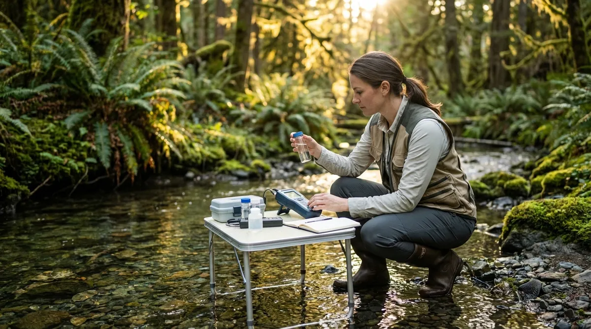 Umweltingenieurin analysiert Wasserproben im Feldlabor