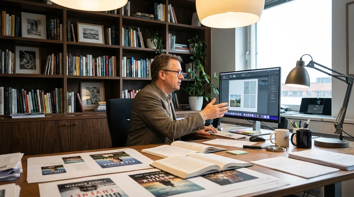Verleger arbeitet an Buch-Layouts am Monitor mit Manuskriptstapeln