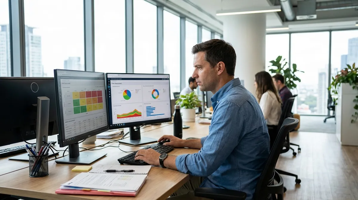 Versicherungsanalyst arbeitet an Risikobewertung am Dual-Monitor-Arbeitsplatz