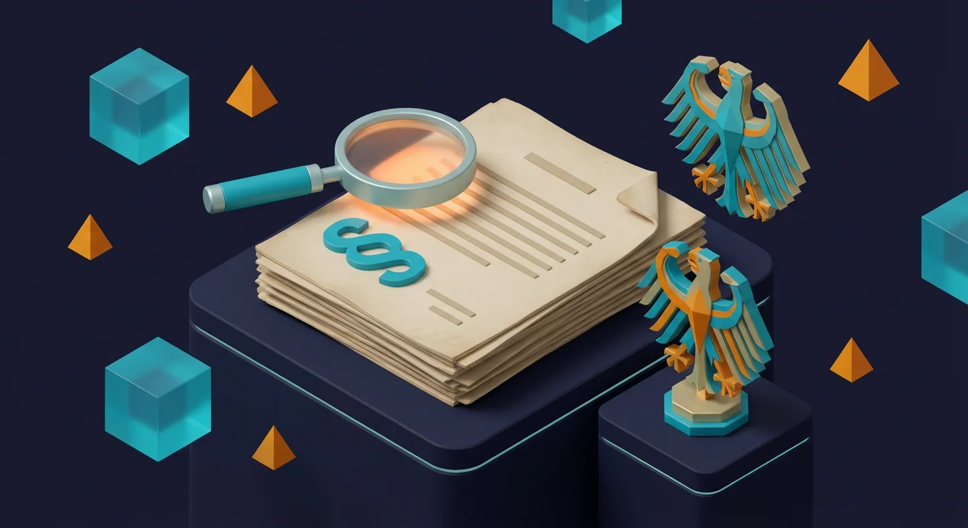 Isometrische Illustration: Gesetzesdokument mit Paragraph-Zeichen und Lupe, Konzept des BMF-Schreibens zur Forschungszulage