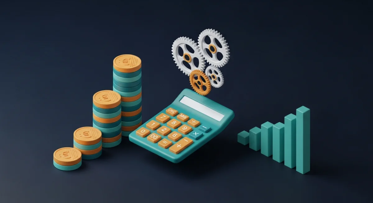 Isometrische Illustration: Taschenrechner mit Euro-Münzen und Wachstumsdiagramm, Konzept Eigenleistung als Forschungszulage