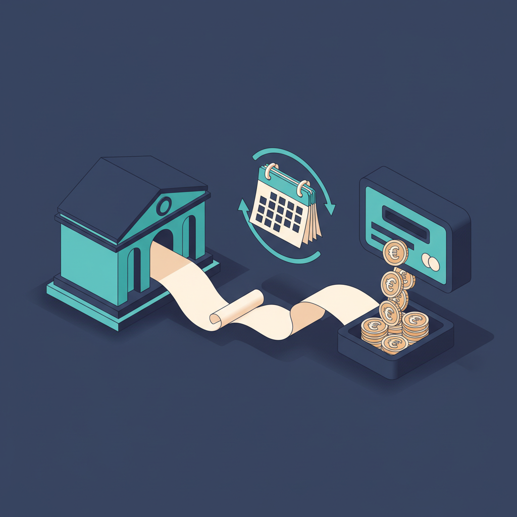 Isometrische Illustration: Steuerbescheid mit Euro-Münzen und Kalender, Konzept der Forschungszulage-Auszahlung