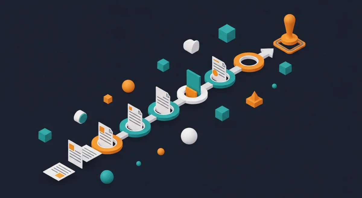 Isometrische Illustration: Prozessfluss mit verbundenen Stationen und Stempel, Konzept des BSFZ-Antragsprozesses