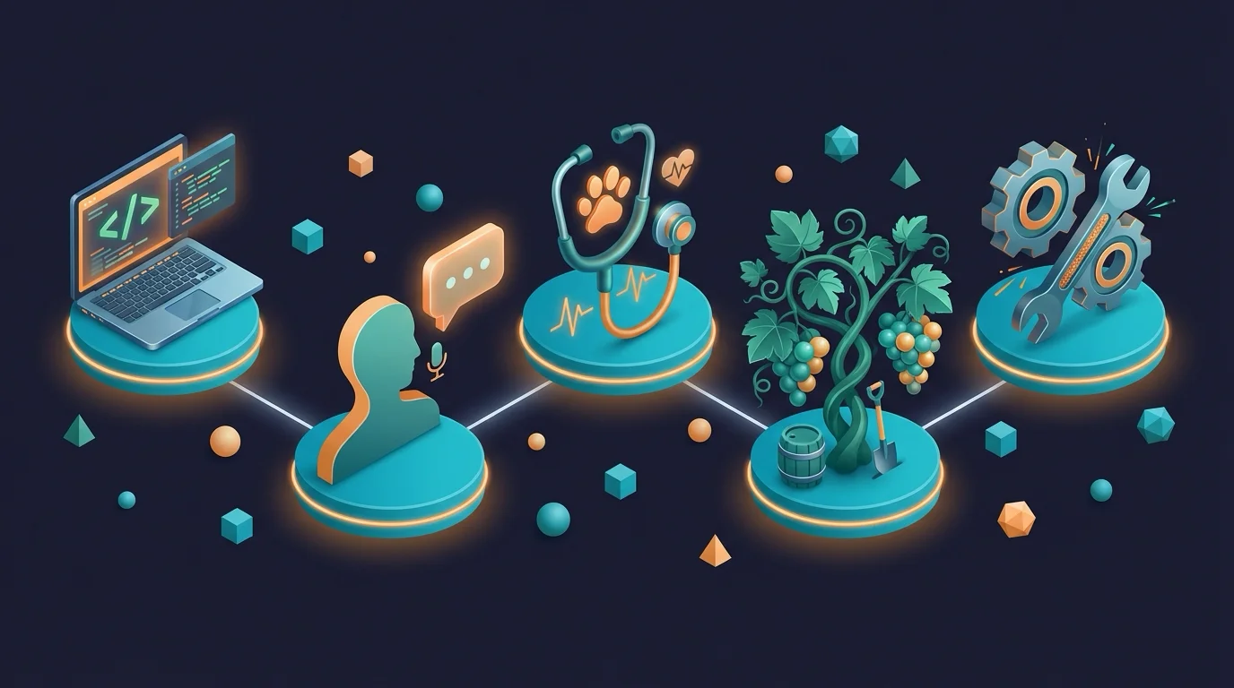 Fünf verschiedene Branchen-Icons verbunden durch ein Netzwerk, symbolisiert verschiedene FuE-Projekte