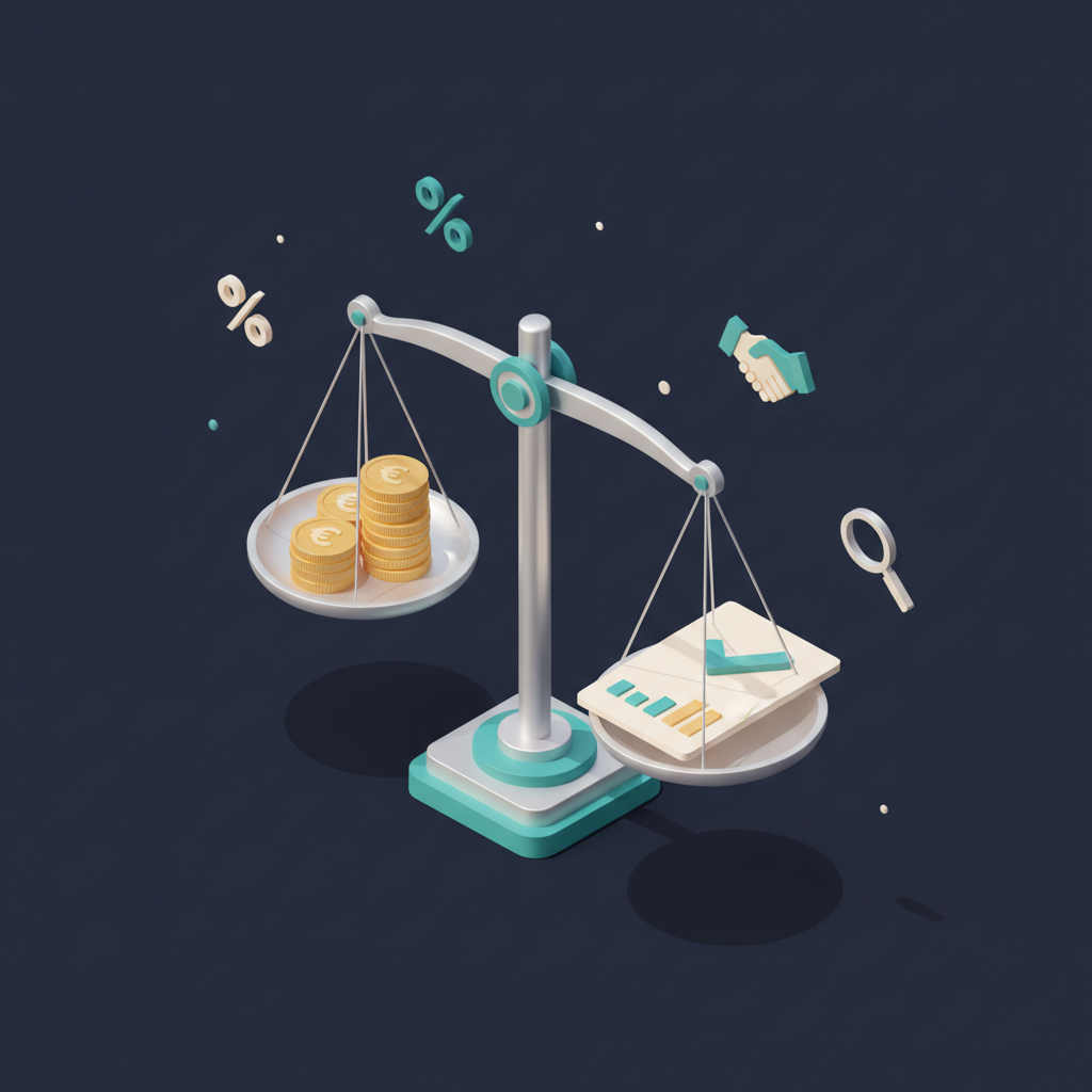 Isometrische Illustration: Waage mit Euro-Münze und Dokument, Konzept Kosten-Nutzen-Vergleich Forschungszulage Beratung