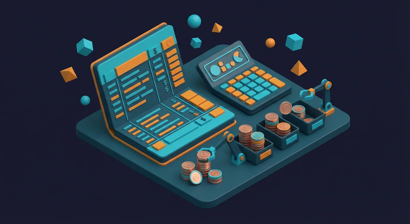 Isometrische Illustration: Buchungstabelle mit Euro-Symbolen und Kontenplänen, Konzept der Forschungszulage-Buchung