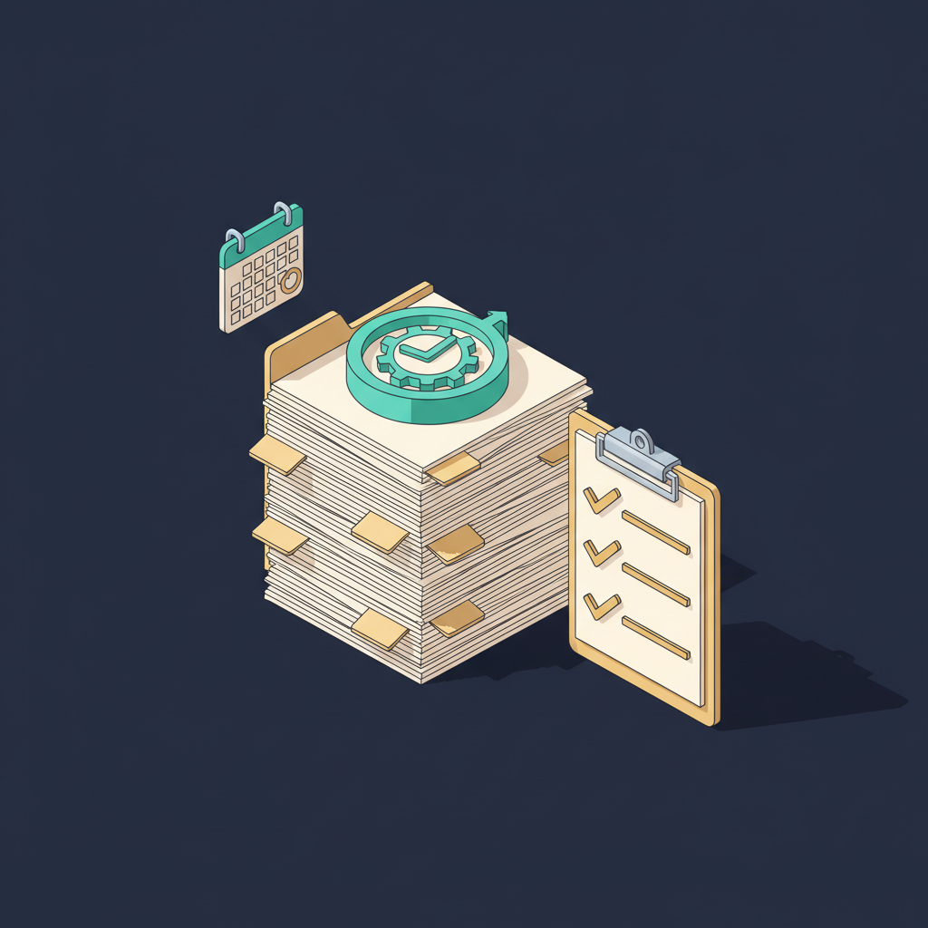 Isometrische Illustration: Ordner mit Dokumenten, Uhr und Häkchen-Symbol, Konzept FuE-Dokumentation für Freelancer