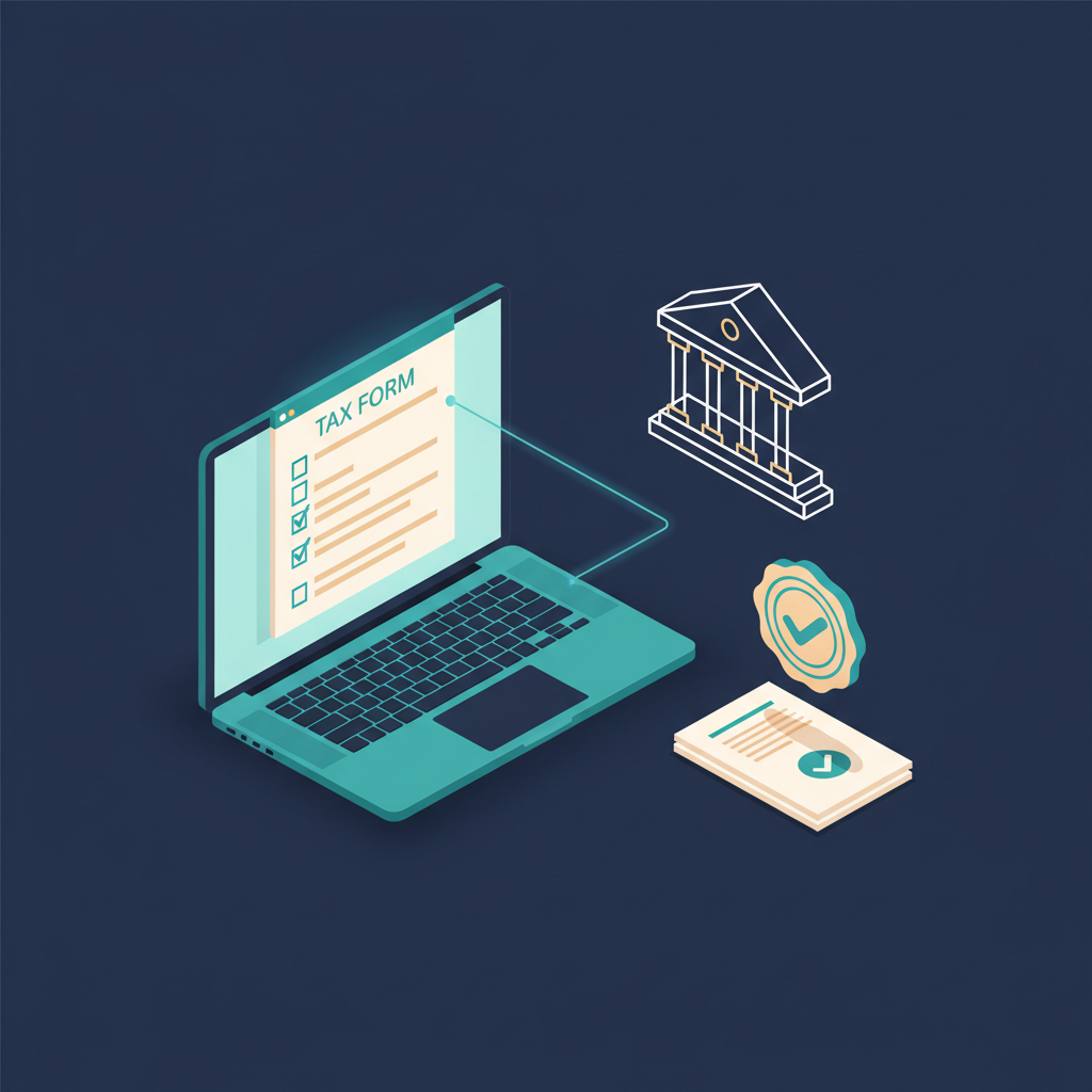 Isometrische Illustration: Laptop mit Formular und Stempel-Symbol, Konzept digitaler Steuerantrag