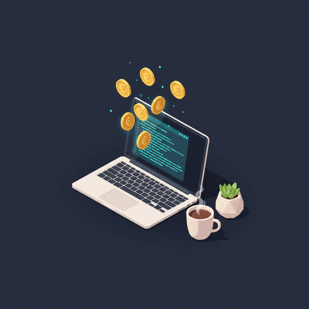 Isometrische Illustration: Laptop mit Code-Editor und Euro-Münzen, Konzept Forschungszulage für Freelance-Softwareentwickler
