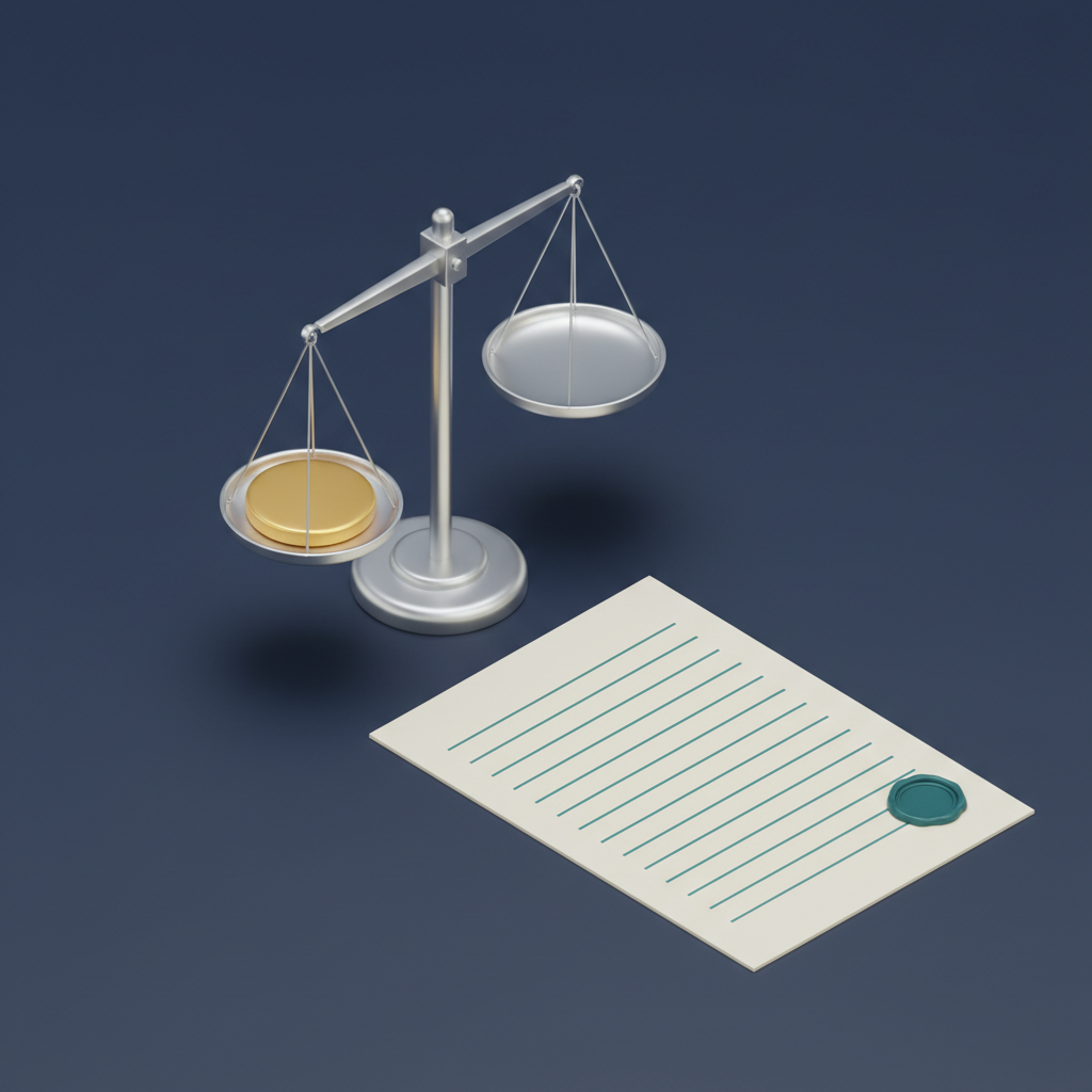 Isometrische Illustration: Schreibtisch mit Anstellungsvertrag, Waage und Euro-Symbol, Konzept angemessenes Geschäftsführergehalt
