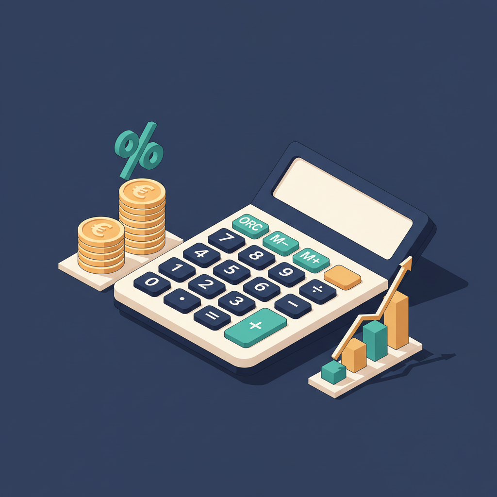 Isometrische Illustration: Gestapelte Euro-Münzen mit Wachstumspfeil und Prozentzeichen, Konzept der Forschungszulage-Höhe