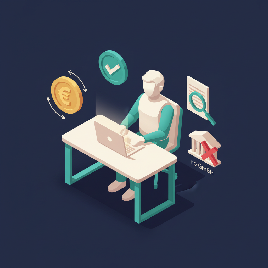 Isometrische Illustration: Einzelperson an Schreibtisch mit Euro-Symbol und Häkchen, Konzept Forschungszulage ohne GmbH