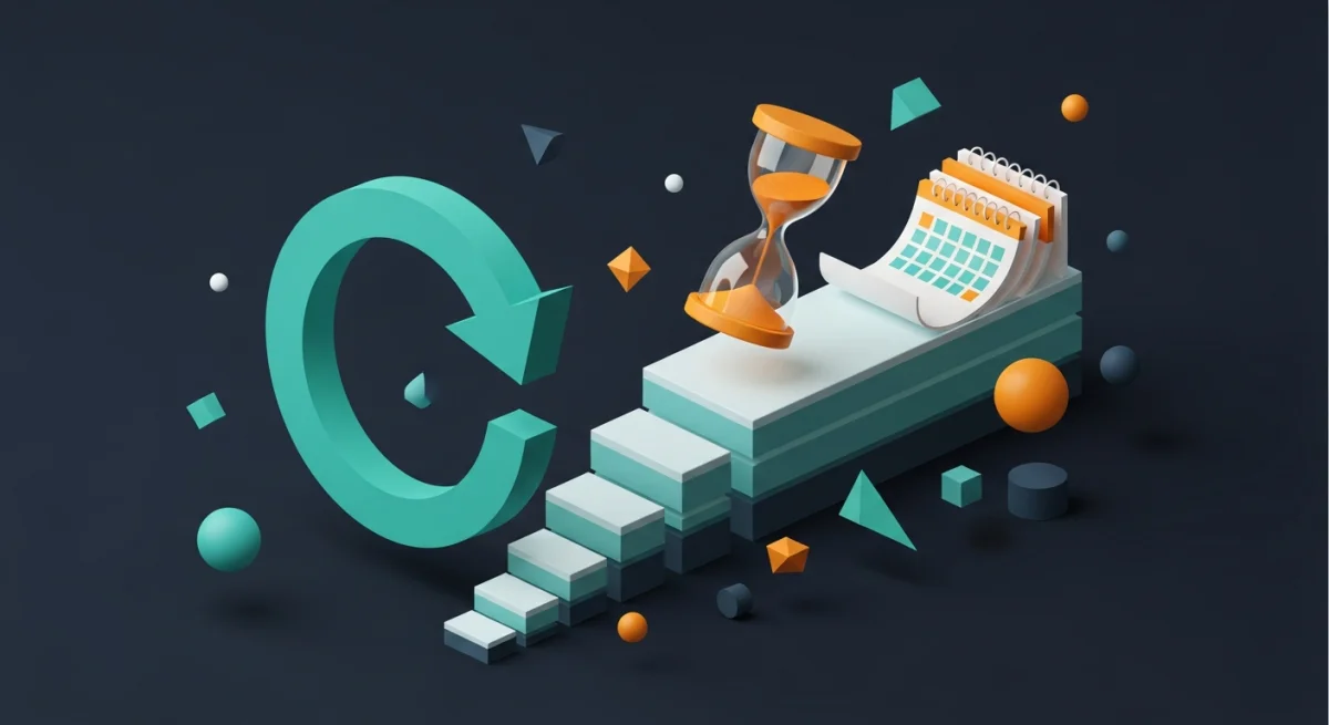 Isometrische Illustration: Kalenderblätter und rückwärts laufende Uhr, Konzept der rückwirkenden Antragstellung