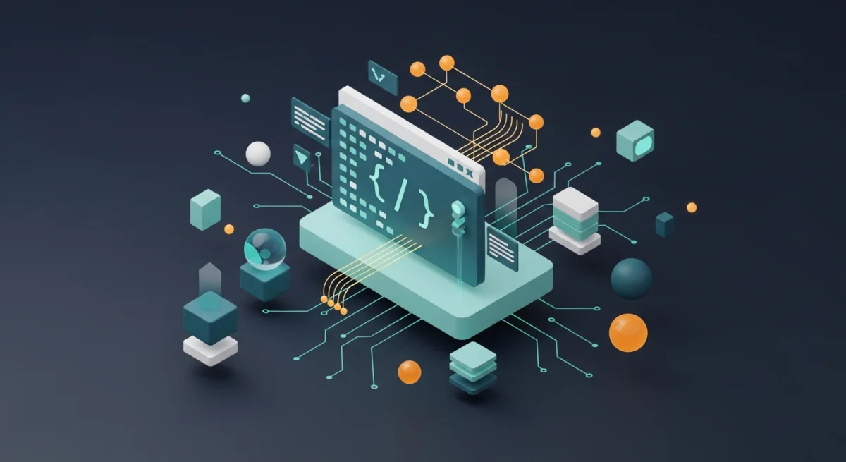 Isometrische Illustration: Code-Editor mit Netzwerk-Graph und Datenströmen, Konzept Softwareentwicklung als Forschung