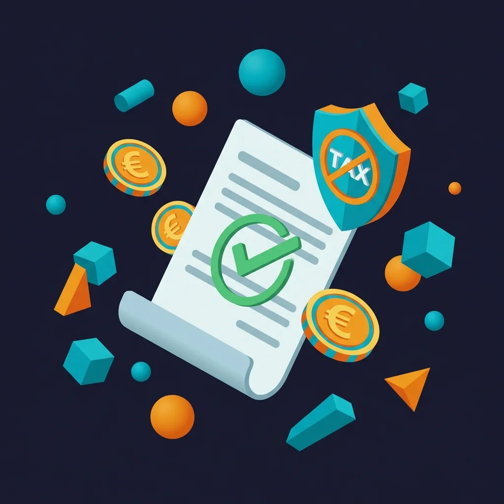 Isometrische Illustration: Steuerbescheid mit Häkchen und Euro-Münzstapel, Konzept der steuerfreien Forschungszulage