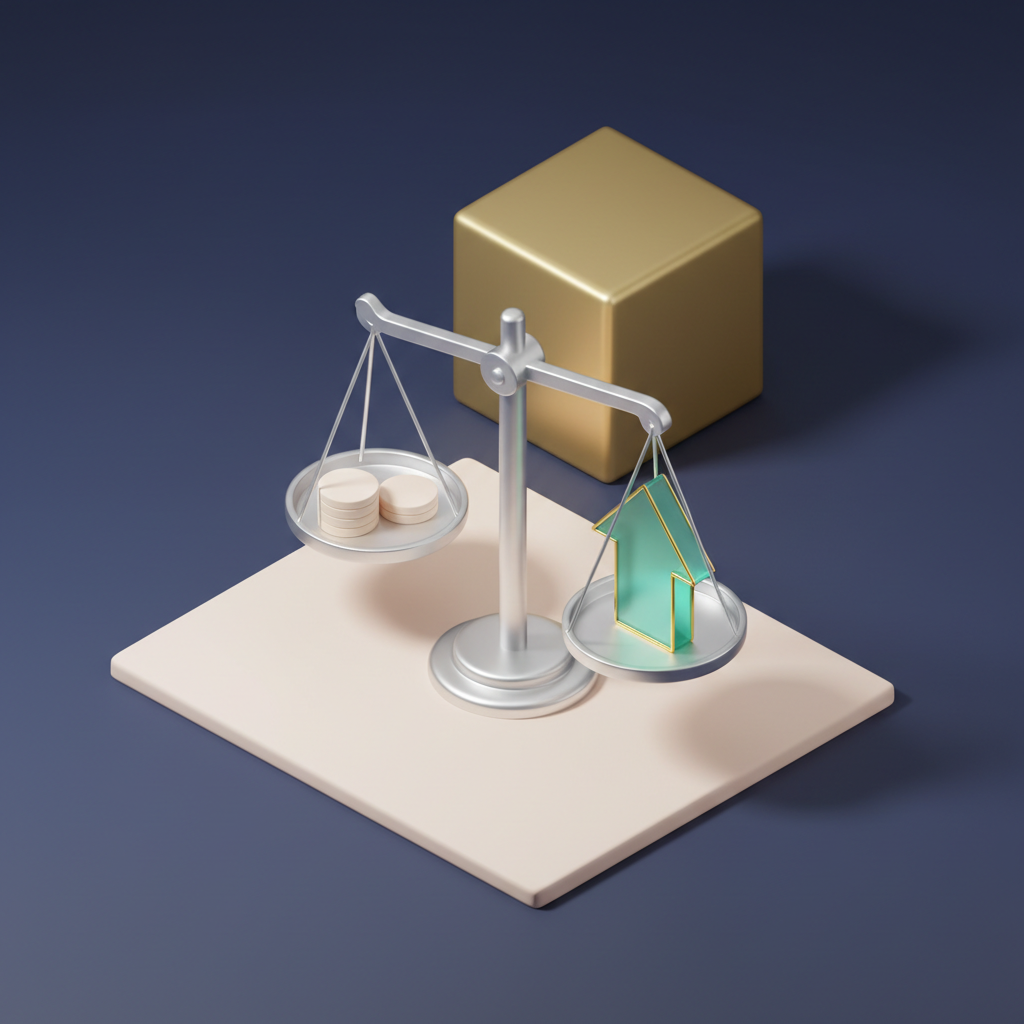 Isometrische Illustration: Bilanzwaage mit schrumpfendem Stammkapital und einem Pfeil zurück nach oben, Konzept Eigenkapitalzuführung