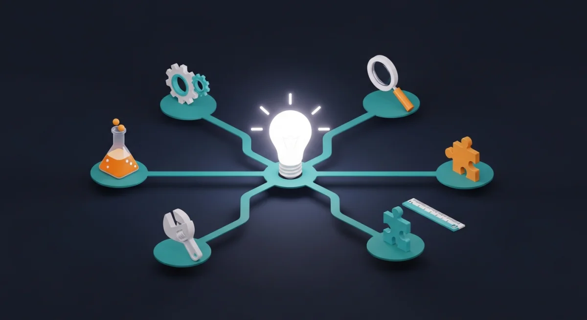 Isometrische Illustration: Glühbirne mit verzweigten Pfaden zu Werkzeugen und Laborkolben, Konzept FuE-Ideen für Selbständige