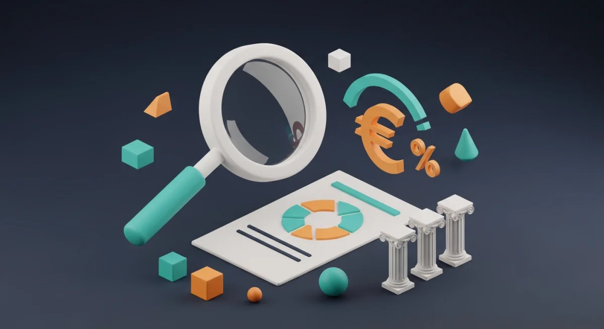 Isometrische Illustration: Lupe über Dokument mit Euro-Symbol und Gebäude, Konzept steuerliche Forschungszulage erklärt